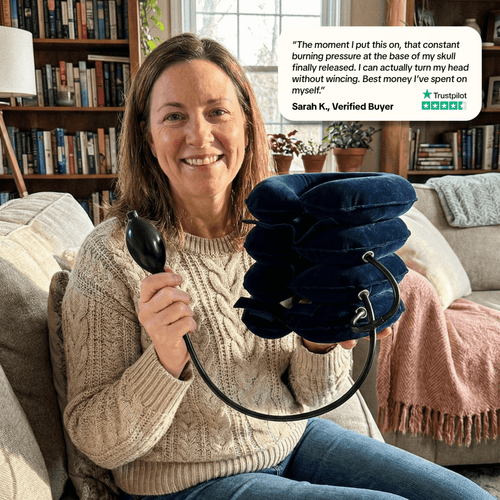 Woman sitting on a couch holding a neck massager with a bookshelf and window in the background.